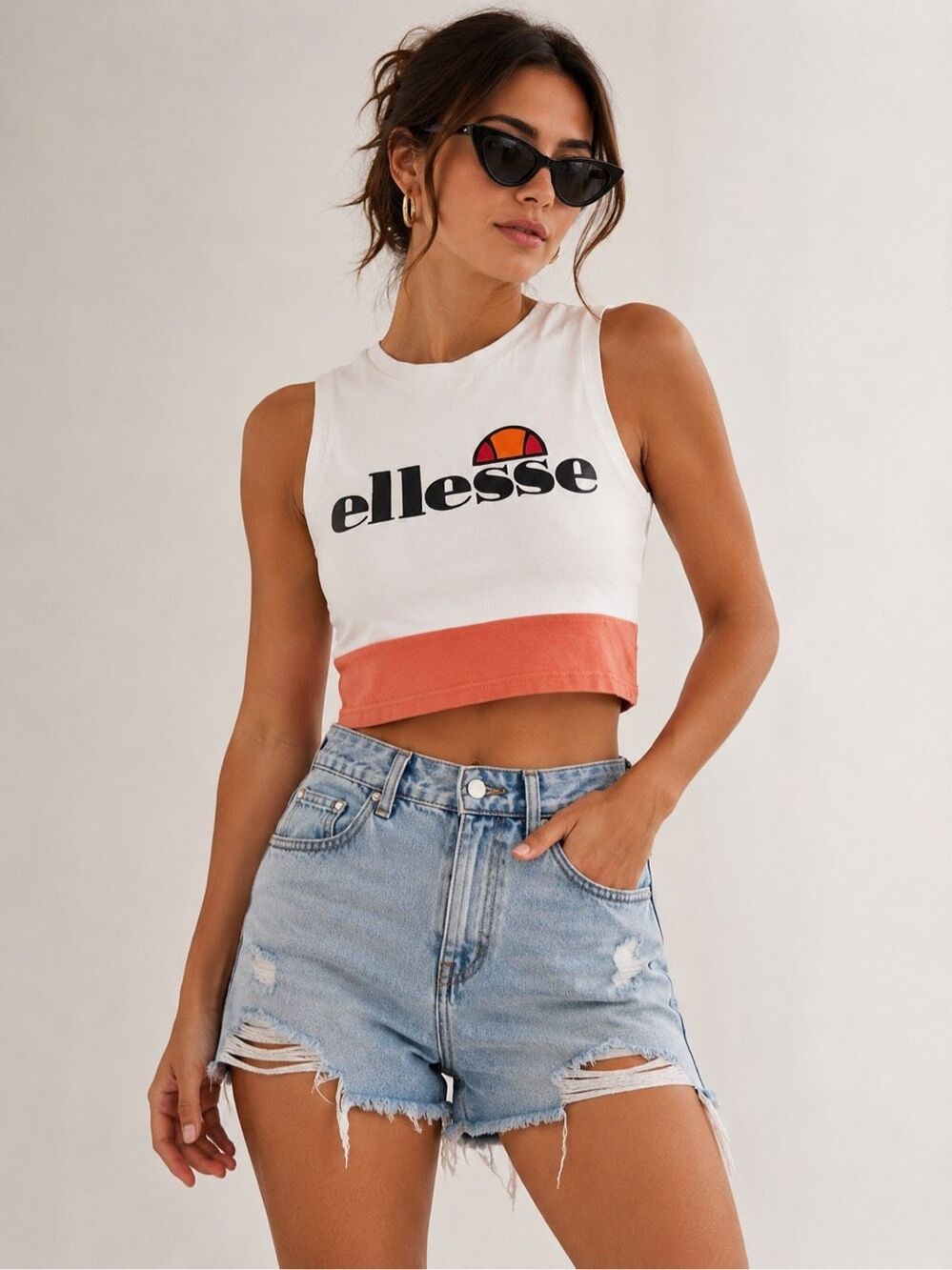 Rare Ellesse Women’s Cropped Logo Tank Top White Coral Colorblock Size US 2